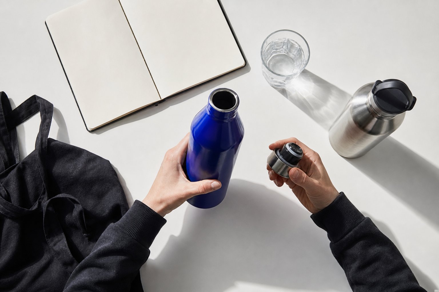 Handen vergelijken een blauwe en roestvrijstalen drinkfles op een witte tafel